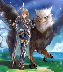 Rule 34 | 1girl, absurdres, armor, armored boots, blonde hair, blue cape, blue eyes, blue pants, blue shirt, blue sky, blush, boots, breastplate, cape, closed mouth, cloud, commentary request, cross, cross necklace, day, female knight, full body, gauntlets, grass, griffin, gryphon (ragnarok online), highres, holding, holding polearm, holding weapon, horizon, imperial guard (ragnarok online), jewelry, knight, leg armor, long hair, looking at viewer, necklace, ocean, outdoors, pants, pauldrons, polearm, ragnarok online, sail (sail-away), shirt, shoulder armor, sky, smile, spear, water, weapon