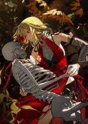 Rule 34 | 1girl, arm around neck, blonde hair, blurry, blurry background, blurry foreground, breasts, closed mouth, commentary, cowboy shot, dancing, detached sleeves, dress, flower, hair between eyes, highres, holding hands, kazami yuuka, kumatangent, leaf, long hair, long sleeves, looking at another, nail polish, purple shorts, red dress, red eyes, red flower, red nails, red ribbon, ribbon, shorts, skeleton, sleeveless, sleeveless dress, touhou, yellow flower
