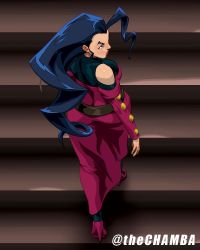 Rule 34 | ahoge, capcom, chamba, dress, from behind, gold buttons, high heels, highres, huge ahoge, long dress, long hair, long sleeves, rose (street fighter), stairs, street fighter, street fighter zero (series), udon entertainment, wavy hair