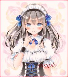 Rule 34 | 1girl, bad id, bad pixiv id, blouse, blush, breasts, cleavage, closed mouth, colored pencil (medium), corset, grey hair, hair between eyes, hand up, index finger raised, large breasts, long hair, looking at viewer, maid, maid headdress, marker (medium), original, potto, sample watermark, shirt, smile, solo, traditional media, upper body, watermark, white shirt, wrist cuffs