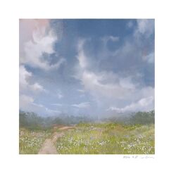 Rule 34 | 2024, blue sky, border, cloud, cloudy sky, dated, day, field, flower, grass, mimoth, nature, no humans, original, outdoors, path, road, scenery, signature, sky, tree, white border, white flower