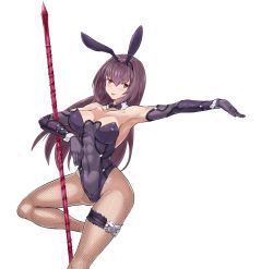 Rule 34 | adapted costume, animal ears, bare shoulders, breasts, cleavage, covered navel, depo (typebaby505), detached collar, elbow gloves, fake animal ears, fate/grand order, fate (series), fishnet pantyhose, fishnets, gae bolg (fate), gloves, hair intakes, highres, holding, holding polearm, holding spear, holding weapon, large breasts, leotard, long hair, looking at viewer, official alternate costume, outstretched arm, pantyhose, playboy bunny, polearm, purple hair, rabbit ears, red eyes, scathach (fate), scathach (piercing bunny) (fate), smile, spear, strapless, thigh strap, weapon, white background, wrist cuffs