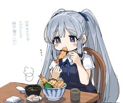 Rule 34 | 1girl, black dress, blue ribbon, blush stickers, bowl, chopsticks, cup, dot nose, dress, eating, grey hair, hair ribbon, highres, holding, holding chopsticks, idolmaster, idolmaster shiny colors, long hair, looking at another, purple eyes, ribbon, shirt, short sleeves, sidelocks, sitting, solo, spawnfoxy, steam, table, translation request, twintails, upper body, white background, white shirt, wooden chair, wooden table, yukoku kiriko