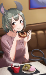Rule 34 | 1girl, :q, absurdres, alternate costume, animal ears, blue nails, blush, brown eyes, brown hair, casual, coffee, coffee cup, commentary, contemporary, cup, degu (kemono friends), disposable cup, doughnut, drawstring, drink, earrings, eating, extra ears, fingernails, food, food on face, green hair, highres, hoop earrings, indoors, jewelry, kemono friends, licking lips, looking at viewer, medium hair, mole, mole on neck, morimasakazu, multicolored hair, nail polish, plate, sidelocks, sitting, smile, solo, sweater, symbol-only commentary, table, tail, tongue, tongue out, tray, upper body