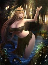 Rule 34 | 1girl, blonde hair, breasts, brown eyes, brown hair, cleavage, curvy, elf, forest, highres, huge breasts, leaning forward, long hair, minami koyogi, nature, navel, original, parted lips, pointy ears, solo, standing, thighs, torn clothes, wide hips