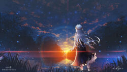 Rule 34 | 1girl, absurdres, blue dress, cloud, commentary, commentary request, dress, english commentary, fireflies, floating hair, from behind, grass, highres, kenzo 093, lens flare, long hair, nature, original, outdoors, reflection, scenery, sky, solo, standing, star (sky), starry sky, sunset, wading, water, white hair