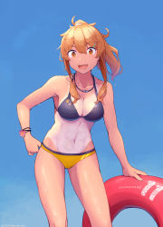 Rule 34 | 1girl, blue background, breasts, cleavage, cowboy shot, fang, female focus, gradient background, hair ornament, hairclip, highres, innertube, jewelry, light brown hair, long hair, looking at viewer, medium breasts, nakaaki masashi, necklace, one-piece tan, open mouth, orange eyes, original, outdoors, ponytail, sidelocks, solo, swim ring, tan, tanline, wet