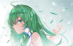 Rule 34 | 1girl, absurdres, bare shoulders, blue eyes, blurry, blurry foreground, breasts, frog hair ornament, from side, gradient background, green hair, hair ornament, hair tubes, hand in own hair, highres, kochiya sanae, long hair, looking at viewer, open mouth, snake hair ornament, solo, touhou, upper body, yuzi (32745637280)
