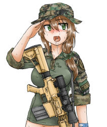 Rule 34 | 1girl, bad id, bad pixiv id, blush, boonie hat, bottomless, brown hair, camouflage, digital camouflage, dutchko, green eyes, gun, m110 sass, military, military uniform, no pants, open mouth, original, patch, rifle, saliva, salute, scrunchie, simple background, sniper rifle, solo, sweat, tears, trembling, uniform, weapon, white background, wristband