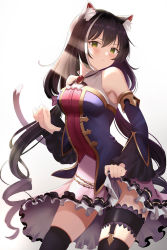 Rule 34 | 1girl, animal ear fluff, animal ears, black hair, black ribbon, black thighhighs, blue sleeves, blush, bustier, cat ears, cat girl, cat tail, closed mouth, conconcon1031, detached sleeves, floating hair, green eyes, hair between eyes, highres, karyl (princess connect!), layered skirt, layered sleeves, long hair, long sleeves, low twintails, miniskirt, multicolored hair, neck ribbon, pink skirt, princess connect!, ribbon, simple background, skirt, skirt hold, solo, standing, streaked hair, tail, thigh strap, thighhighs, twintails, very long hair, white background