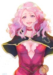 Rule 34 | 1girl, black bulls (emblem), black capelet, black clover, breasts, capelet, cat, choker, cleavage, crystal earrings, earrings, highres, jewelry, large breasts, long eyelashes, long hair, nac tw, open mouth, pink hair, purple eyes, red cat, red choker, red shirt, shirt, sitting on shoulder, smile, vanessa enoteca, wavy hair, white background