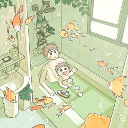 Rule 34 | 2boys, angelfish, animal, bar soap, bath, bathroom, bathtub, black eyes, brown hair, child, dated commentary, fish, highres, holding, indoors, looking up, male focus, mannerer62, manta ray, multiple boys, nude, open mouth, original, partially submerged, plant, pointing, pointing up, potted plant, rubber duck, short hair, shower head, sink, smile, soap, surgeonfish, tile floor, tile wall, tiles, toy boat, tropical fish, window