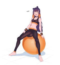 Rule 34 | 1futa, absurdres, ball, bare shoulders, barefoot, black choker, black pants, black sports bra, blush, breasts, bulge, choker, closed eyes, collarbone, covered penis, covered testicles, erection, erection under clothes, full body, futanari, gradient hair, highres, hololive, hololive english, huge penis, large testicles, long hair, makinakid, medium breasts, midriff, multicolored hair, navel, ninomae ina&#039;nis, open mouth, orange hair, pants, penis, pointy ears, purple hair, simple background, sitting, sitting on ball, smile, solo, sports bra, tentacle hair, testicles, virtual youtuber, white background, yoga pants