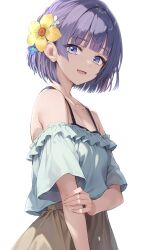 1girl aqua_shirt brown_skirt flower frilled_shirt frills gakuen_idolmaster hair_flower hair_ornament hataya_misuzu highres holding_own_arm idolmaster looking_at_viewer off-shoulder_shirt off_shoulder purple_eyes purple_hair ryouta_(ryouta335) shirt short_hair simple_background skirt smile solo white_background