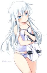 Rule 34 | 10s, 1girl, bare arms, bare legs, bare shoulders, blue eyes, blush, breasts, camisole, collarbone, hibiki (kancolle), highres, holding, holding clothes, kantai collection, long hair, looking at viewer, moca blanc, panties, pout, sailor collar, unworn shirt, simple background, small breasts, solo, strap slip, twitter username, underwear, underwear only, white background, white hair, white panties
