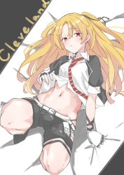 Rule 34 | 1girl, absurdres, alternate costume, azur lane, bed, bed sheet, belt, black jacket, black shorts, black socks, blonde hair, blush, breasts, bu4321, character name, cleveland (azur lane), cleveland (muse) (azur lane), clothes lift, collared shirt, commentary request, fingerless gloves, from above, gloves, highres, jacket, lifting own clothes, long hair, looking at viewer, narrowed eyes, navel, necktie, on bed, one side up, open clothes, open jacket, parted bangs, pursed lips, red eyes, sheet grab, shirt, shirt lift, short sleeves, shorts, skindentation, small breasts, socks, solo, stomach, striped necktie, striped neckwear, toned, white gloves