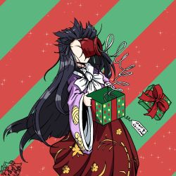 Rule 34 | 2girls, black hair, bow, box, chibi, christmas, face punch, fujiwara no mokou, gift, holding, holding box, houraisan kaguya, in the face, long hair, multiple girls, prank, punching, simple background, skirt, solo focus, sparkle, sparkle background, tierra misu, touhou, very long hair, white bow, wide sleeves