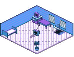 Rule 34 | bed, cable, commentary, controller, creatures (company), desk, english commentary, game console, game controller, game freak, handrail, indoors, isometric, keyboard (computer), monitor, monochrome, nintendo, no humans, official style, pixel art, plant, pokemon, pokemon rgby, purple theme, room, scenery, still life, super nintendo, table, television, toxictower, vase, window, window blinds