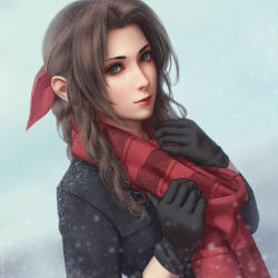 Rule 34 | 1girl, aerith gainsborough, bad id, bad pixiv id, black coat, black gloves, blue background, brown hair, coat, commentary, commentary request, english commentary, final fantasy, final fantasy vii, final fantasy vii remake, gloves, hair ribbon, hands up, highres, long hair, long sleeves, looking at viewer, miura-n315, red ribbon, red scarf, ribbon, scarf, snowing, solo, square enix, twitter username, upper body