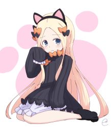 Rule 34 | 1girl, abigail williams (fate), animal ears, bad id, bad pixiv id, black bow, black dress, black hat, blonde hair, bloomers, blue eyes, blush, bow, bug, butterfly, cat ears, closed mouth, commentary request, dress, fake animal ears, fate/grand order, fate (series), forehead, hair bow, hand up, hat, head tilt, highres, insect, kujou karasuma, long hair, long sleeves, looking at viewer, orange bow, parted bangs, paw shoes, polka dot, polka dot bow, shoes, signature, sitting, sleeves past fingers, sleeves past wrists, solo, underwear, very long hair, wariza, wavy mouth, white bloomers