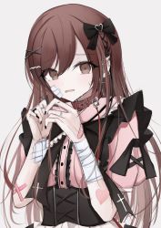 Rule 34 | 1girl, bandaged arm, bandages, bandaid, bandaid on face, bandaid on hand, brown hair, ear piercing, earrings, empty eyes, highres, idolmaster, idolmaster shiny colors, jewelry, leash, leather choker, long hair, maddo (gasser 0518), nail polish, osaki amana, own hands together, piercing, puffy short sleeves, puffy sleeves, short sleeves, simple background, solo, straight hair, sweatdrop, two-tone dress, upper body, white background