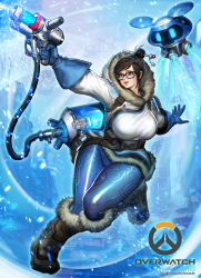 Rule 34 | 1girl, absurdres, alternate eye color, beads, belt, belt pouch, black-framed eyewear, blizzard (company), blue eyes, blue gloves, blue legwear, boots, breasts, brown footwear, brown hair, canister, canteen, character name, coat, copyright name, drone, emblem, energy gun, eyeliner, finger on trigger, firing, floating, full body, fur-trimmed boots, fur-trimmed jacket, fur boots, fur coat, fur trim, glasses, gloves, gun, hair bun, hair ornament, hair stick, handgun, hands up, harness, highres, holding, holding gun, holding weapon, hose, ice, jacket, knee boots, large breasts, leg up, lips, lipstick, logo, machinery, makeup, mei (overwatch), open mouth, outstretched arms, overwatch, overwatch 1, parka, pink lips, pouch, print legwear, ray gun, robot, short hair, sidelocks, single hair bun, smile, snow, snowball (overwatch), snowing, solo, sonacia, standing, standing on one leg, strap, swept bangs, teeth, utility belt, watermark, weapon, web address, wide hips, winter clothes, winter coat