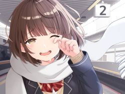 Rule 34 | 1girl, bob cut, brown eyes, commentary request, highres, looking at viewer, one eye closed, original, scarf, school uniform, short hair, snow, solo, tears, train, train station, upper body, uramakaron, wiping tears