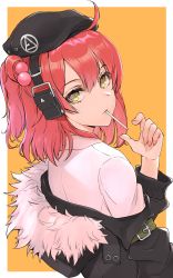 Rule 34 | 1girl, ahoge, beret, border, candy, food, girls&#039; frontline, hat, highres, lollipop, looking at viewer, mp7 (girls&#039; frontline), off shoulder, ponytail, red hair, short hair, solo, white border, yellow eyes, yu 416416