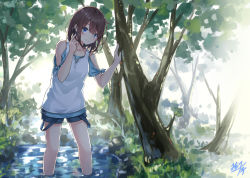 Rule 34 | 1girl, blue shirt, blue shorts, blush, brown hair, closed mouth, clothing cutout, commentary request, day, hair between eyes, hair ornament, hairclip, hands up, index finger raised, miko fly, original, outdoors, river, shirt, short shorts, short sleeves, shorts, shoulder cutout, sidelocks, signature, smile, solo, standing, tank top, tree, wading, water, white tank top
