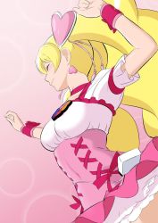 Rule 34 | 1girl, arms up, blonde hair, breasts, choker, closed mouth, collarbone, cure peach, earrings, eyelashes, closed eyes, floating hair, fresh precure!, fuchi (nightmare), hair ornament, heart, heart earrings, heart hair ornament, highres, jewelry, layered skirt, lens flare, long hair, medium breasts, miniskirt, pink background, pink skirt, precure, profile, red choker, red ribbon, ribbon, shirt, short sleeves, skirt, smile, solo, standing, twintails, underbust, very long hair, white shirt, white skirt
