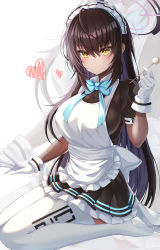 Rule 34 | 1girl, absurdres, apron, bad id, bad pixiv id, black dress, black hair, blue archive, blue necktie, breasts, commentary, dark-skinned female, dark skin, dress, frilled apron, frilled dress, frills, gloves, halo, hand up, heart, highres, holding, karin (blue archive), lap pillow invitation, large breasts, long hair, looking at viewer, maid, maid headdress, mimikaki, nahanmin, necktie, no shoes, parted lips, puffy short sleeves, puffy sleeves, seiza, short sleeves, sidelocks, sitting, solo, thighhighs, very long hair, white apron, white gloves, white thighhighs, yellow eyes
