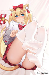 Rule 34 | 1girl, animal ears, artist name, bed sheet, bell, blonde hair, blue eyes, blush, bow, bowtie, breasts, cat ears, cat girl, cat tail, closed mouth, collared shirt, commentary request, feet, foot focus, fukuro daizi, hair ornament, hairclip, highres, jingle bell, legs up, long sleeves, lying, medium breasts, miniskirt, no shoes, on back, on bed, original, panties, pillow, plaid, plaid skirt, pleated skirt, red bow, red neckwear, red skirt, shirt, skirt, smile, soles, tail, tail bell, tail bow, tail ornament, thighhighs, thousand island (kaguyano), toes, two side up, underwear, upskirt, white panties, white shirt, white thighhighs