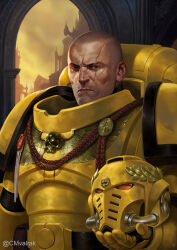 Rule 34 | 1boy, adrian4rt, armor, bald, breastplate, brown eyes, bullet hole, chapter master valrak, closed mouth, commentary, commission, couter, english commentary, gauntlets, helmet, highres, holding, holding helmet, imperial fists, laurel crown, male focus, original, pauldrons, power armor, red eyes, rerebrace, scar, scar on face, shoulder armor, solo, upper body, warhammer 40k, yellow armor