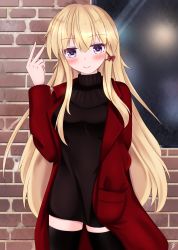 Rule 34 | 1girl, absurdres, alternate costume, arm up, black dress, black thighhighs, blonde hair, blush, brick wall, commentary request, contemporary, cowboy shot, dress, hair between eyes, hair ribbon, hand in pocket, highres, ibuibuyou, jacket, long hair, long sleeves, looking at viewer, open clothes, open jacket, purple eyes, red jacket, ribbon, short dress, sidelocks, signature, smile, solo, standing, thighhighs, touhou, v, very long hair, window, yakumo yukari, zettai ryouiki