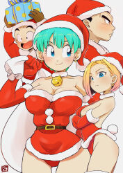 Rule 34 | 2boys, 2girls, absurdres, android 18, artist request, blush, breasts, bulma, christmas, cleavage, couple, crossed arms, dragon ball, dragonball z, earrings, embarrassed, frown, grin, hat, highres, jewelry, kuririn, large breasts, legs, looking away, medium breasts, multiple boys, multiple girls, open mouth, panties, sack, santa costume, santa hat, smile, thigh gap, thighs, underwear, upskirt, vegeta