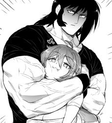 Rule 34 | 1boy, 1girl, ahoge, asphyxiation, biceps, black hair, black shirt, breasts, character request, choke hold, fang, heart, hug, large breasts, looking at viewer, male focus, monochrome, muscle awe, muscular, muscular arms, muscular male, shaded face, shirt, size difference, strangling, thirty 8ght, tight clothes, tight shirt, veins, veiny arms, white background
