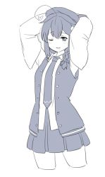 Rule 34 | 1girl, ahoge, arms behind head, braid, cropped legs, greyscale, hair flaps, hair over shoulder, jacket, kantai collection, letterman jacket, looking at viewer, monochrome, necktie, official alternate costume, one eye closed, shigure (kancolle), single braid, solo, tamu (mad works)