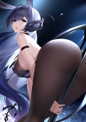 Rule 34 | 1girl, an yasuri, animal ears, ass, azur lane, bare shoulders, between buttocks, blue eyes, blue hair, breasts, brown pantyhose, hair intakes, highres, large breasts, long hair, looking at viewer, new jersey (azur lane), new jersey (exhilarating steps!) (azur lane), official alternate costume, open mouth, pantyhose, pole, rabbit ears, stripper pole, thighs, very long hair