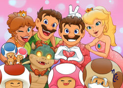 Rule 34 | 3girls, 6+boys, bare shoulders, blonde hair, bowser jr., brooch, brothers, brown hair, crown, dress, earrings, elitadream, facial hair, gloves, grin, happy new year, jewelry, long hair, looking at viewer, luigi, mario, mario (series), multiple boys, multiple girls, mustache, new year, nintendo, old, old man, one eye closed, open mouth, pink dress, ponytail, princess daisy, princess peach, red hair, siblings, smile, toad (mario), toadette, toadsworth, tongue, tongue out, v, wink