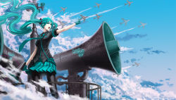 Rule 34 | 1girl, aircraft, airplane, bad id, bad pixiv id, cloud, contrail, day, floating hair, gloves, green eyes, green hair, hatsune miku, infukun, koi wa sensou (vocaloid), long hair, matching hair/eyes, megaphone, necktie, open mouth, outstretched arm, pantyhose, pointing, skirt, sky, solo, tower, twintails, very long hair, vocaloid