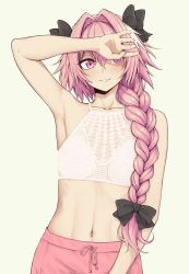 Rule 34 | 1boy, arm up, armpits, astolfo (fate), bare shoulders, black bow, blush, bow, braid, collarbone, crop top, crossdressing, fate/apocrypha, fate (series), hair between eyes, hair intakes, highres, long braid, long hair, looking at viewer, male focus, matching hair/eyes, multicolored hair, navel, parted lips, pas (paxiti), pink eyes, pink hair, pink skirt, simple background, single braid, skirt, smile, solo, streaked hair, trap, white background, white hair