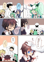 Rule 34 | &gt;:(, &gt;:d, &gt; &lt;, 1boy, 4girls, :d, admiral (kancolle), aqua eyes, arm behind head, arms up, black hair, blonde hair, blue eyes, blue hair, blush, comic, elbow gloves, expressive hair, from behind, gloves, green hair, hair flaps, hair ornament, hair ribbon, hairclip, hand on another&#039;s head, headpat, hug, jealous, kantai collection, long sleeves, maiku, military, military uniform, multiple girls, open mouth, pout, red eyes, remodel (kantai collection), ribbon, scarf, shigure (kancolle), smile, suzukaze (kancolle), translation request, uniform, v-shaped eyebrows, white gloves, yamakaze (kancolle), yuudachi (kancolle)