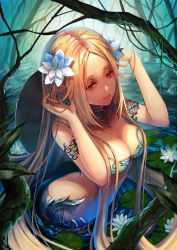 Rule 34 | 1girl, armlet, bare tree, bikini, bikini top only, blonde hair, breasts, butt crack, cleavage, closed mouth, commentary, day, eyelashes, flower, from above, hair flower, hair ornament, hands in hair, highres, jewelry, lily pad, long hair, medium breasts, necklace, okuma mai, original, outdoors, palms, red eyes, rock, smile, solo, spaghetti strap, strap gap, swimsuit, tree, upper body, very long hair, wading, water, water surface, white bikini, white flower