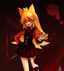 Rule 34 | 1girl, animal ears, artist name, bad id, bad pixiv id, blonde hair, blood, blood on face, blood on hands, blood splatter, bloody weapon, buttons, cowboy shot, fang, funamusea, gradient background, highres, holding, knife, kuro (ning2763), long hair, looking at viewer, moge-ko, mogeko castle, necktie, red eyes, sidelocks, skirt, solo, tail, v-shaped eyebrows, weapon