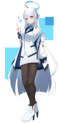 Rule 34 | 1girl, absurdres, black pantyhose, blue archive, blue necktie, blunt bangs, boots, breasts, closed mouth, collared shirt, commentary, finger gun, full body, grey hair, halo, hand up, high heels, highres, jacket, long hair, long sleeves, looking at viewer, mechanical halo, medium breasts, necktie, noa (blue archive), off shoulder, open clothes, open jacket, pantyhose, pleated skirt, purple eyes, shirt, sikimosh, skirt, smile, solo, sparkle, standing, very long hair, vest, white footwear, white jacket, white shirt, white skirt, white vest