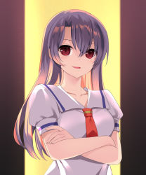Rule 34 | 1girl, aika (series), aika zero, backlighting, bad id, bad pixiv id, breasts, collarbone, commentary request, crossed arms, dress, highres, looking at viewer, mvv, open mouth, red eyes, red neckwear, sailor collar, sailor dress, shiratori miyu, short sleeves, silver hair, smile, solo, upper body, white dress, white knights uniform