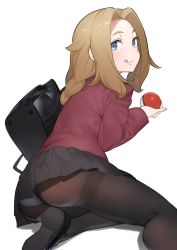 Rule 34 | 1girl, :q, ass, bag, black bag, black footwear, blonde hair, blue eyes, brown pantyhose, commentary request, creatures (company), eyelashes, from behind, game freak, highres, holding, holding poke ball, jacket, lass (pokemon), leaning, licking lips, long hair, long sleeves, looking at viewer, looking back, nintendo, nuibashi, pantyhose, pleated skirt, poke ball, pokemon, pokemon swsh, red jacket, shoes, sidelocks, skirt, solo, tongue, tongue out, white background