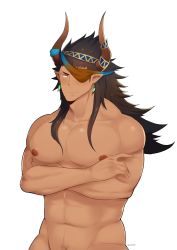 Rule 34 | 1boy, abs, absurdres, animal ears, bara, black hair, blush, completely nude, cow boy, cow ears, cow horns, cowboy shot, crossed arms, dark-skinned male, dark skin, ear piercing, eyepatch, fujimachine (clayten), granblue fantasy, highres, horns, large pectorals, long hair, looking at viewer, male focus, male pubic hair, muscular, muscular male, navel, navel hair, nipples, nude, out-of-frame censoring, pectorals, piercing, pubic hair, reinhardtzar, sideburns, solo, stomach, white background