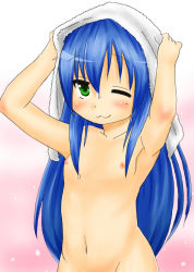Rule 34 | 1girl, after bath, after bathing, armpits, arms up, blue hair, blush, collarbone, dripping, female focus, flat chest, green eyes, highres, izumi konata, long hair, lucky star, mole, mole under eye, navel, nipples, nude, one eye closed, simple background, smile, towel, towel on head, wet, wink