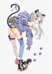 Rule 34 | 1girl, animal ears, ass, backpack, bag, blue eyes, blush, cat ears, cat tail, detached sleeves, fish hair ornament, hair ornament, hand in pocket, highres, hood, hood down, hooded jacket, jacket, kneepits, long hair, looking at viewer, mhk (mechamania), original, panties, paw shoes, shoes, silver hair, single thighhigh, solo, tail, tail ornament, tail raised, thighhighs, tongue, tongue out, underwear, white background, yellow panties
